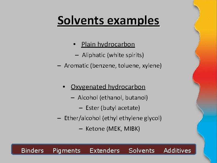 Solvents examples • Plain hydrocarbon – Aliphatic (white spirits) – Aromatic (benzene, toluene, xylene)