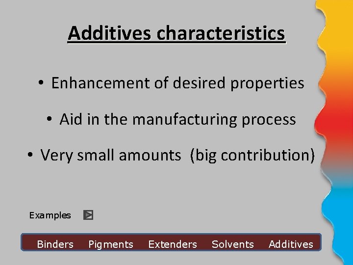 Additives characteristics • Enhancement of desired properties • Aid in the manufacturing process •