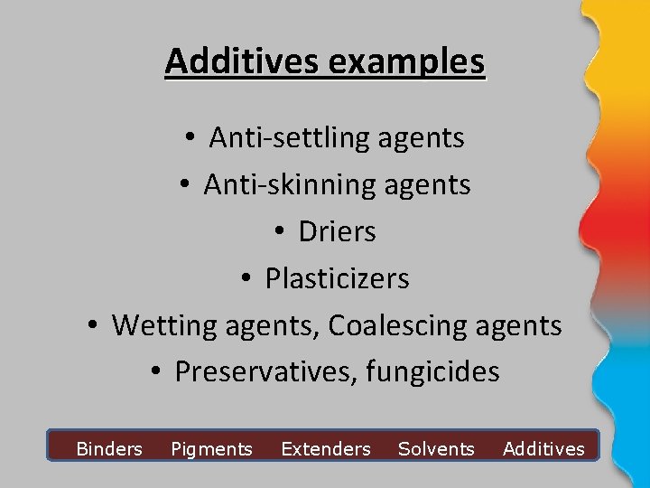 Additives examples • Anti-settling agents • Anti-skinning agents • Driers • Plasticizers • Wetting