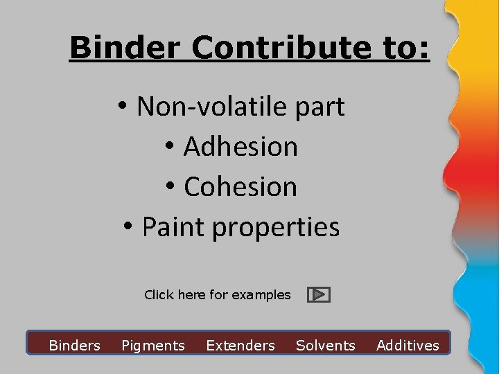 Binder Contribute to: • Non-volatile part • Adhesion • Cohesion • Paint properties Click