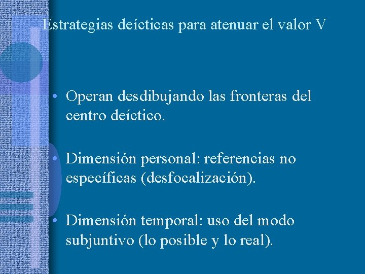 Estrategias deícticas para atenuar el valor V • Operan desdibujando las fronteras del centro