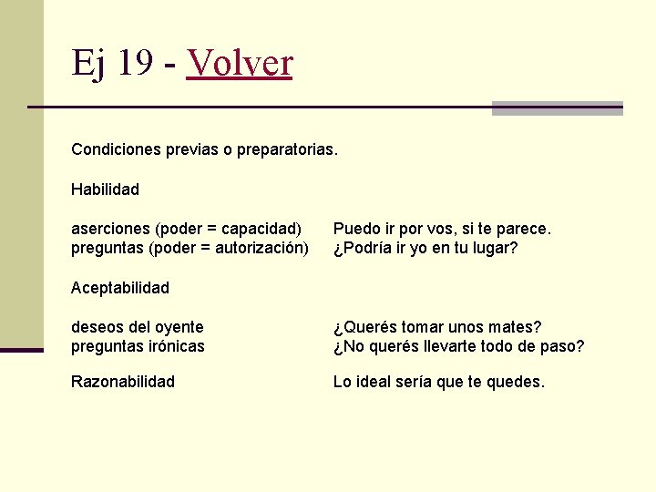 Ej 19 - Volver Condiciones previas o preparatorias. Habilidad aserciones (poder = capacidad) preguntas