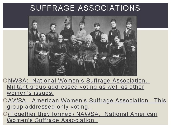 SUFFRAGE ASSOCIATIONS NWSA: National Women's Suffrage Association. Militant group addressed voting as well as