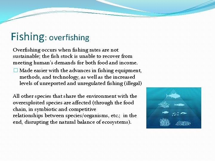 Fishing: overfishing Overfishing occurs when fishing rates are not sustainable; the fish stock is