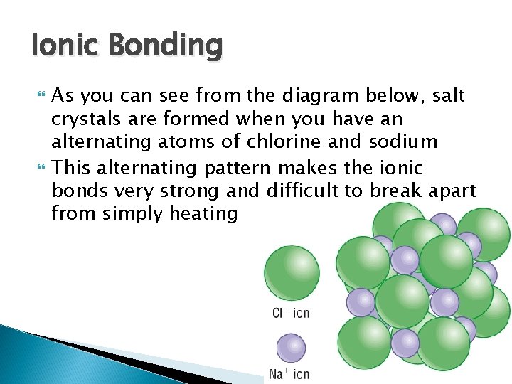 Ionic Bonding As you can see from the diagram below, salt crystals are formed