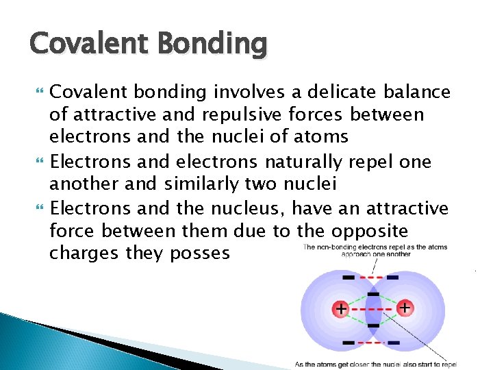 Covalent Bonding Covalent bonding involves a delicate balance of attractive and repulsive forces between