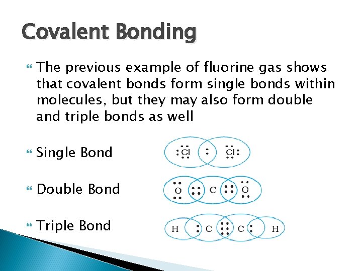 Covalent Bonding The previous example of fluorine gas shows that covalent bonds form single