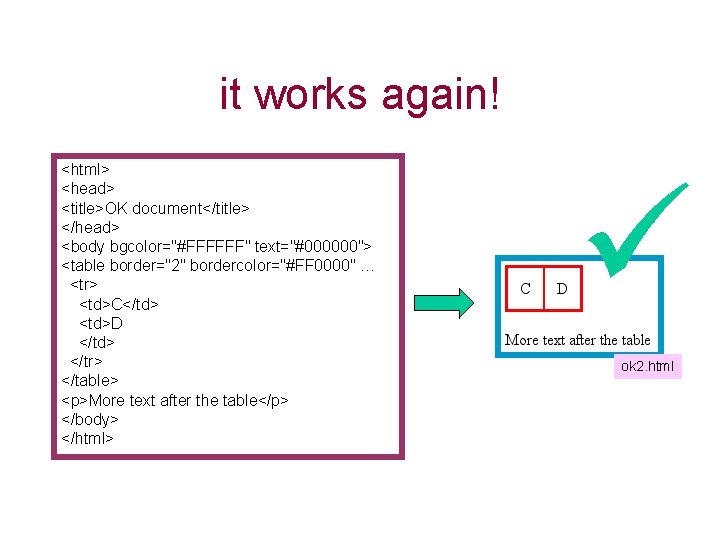 it works again! <html> <head> <title>OK document</title> </head> <body bgcolor="#FFFFFF" text="#000000"> <table border="2" bordercolor="#FF