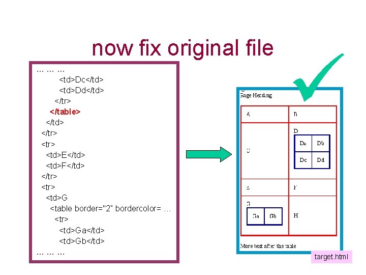 now fix original file ……… <td>Dc</td> <td>Dd</td> </tr> </table> </td> </tr> <td>E</td> <td>F</td> </tr>