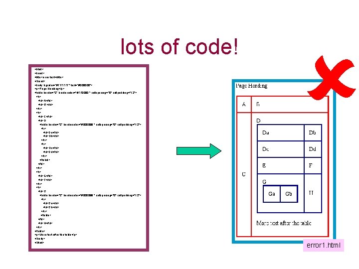 lots of code! <html> <head> <title>error test</title> </head> <body bgcolor="#FFFFFF" text="#000000"> <p>Page Heading</p> <table