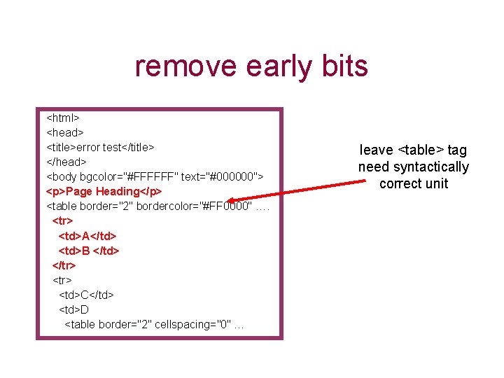 remove early bits <html> <head> <title>error test</title> </head> <body bgcolor="#FFFFFF" text="#000000"> <p>Page Heading</p> <table