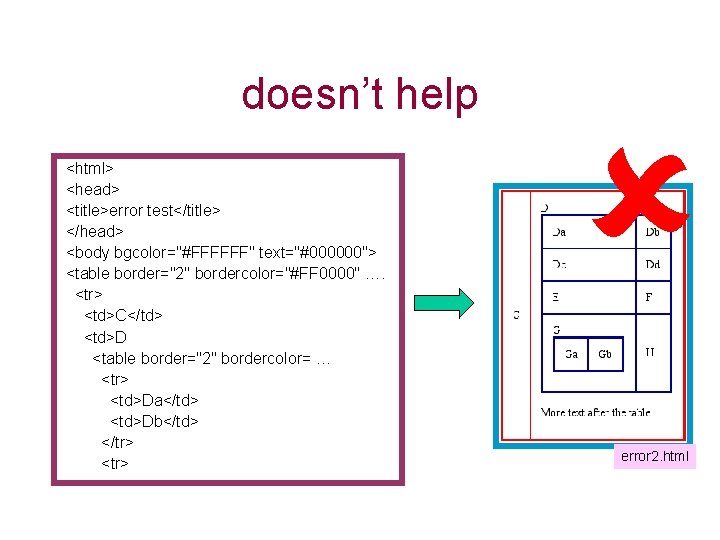 doesn’t help <html> <head> <title>error test</title> </head> <body bgcolor="#FFFFFF" text="#000000"> <table border="2" bordercolor="#FF 0000"