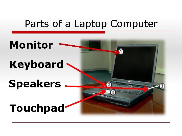 Parts of a Laptop Computer Monitor Keyboard Speakers Touchpad 