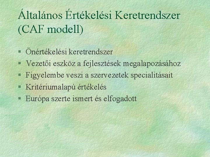 Általános Értékelési Keretrendszer (CAF modell) § § § Önértékelési keretrendszer Vezetői eszköz a fejlesztések