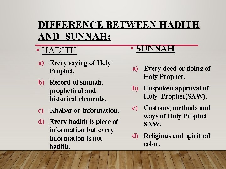 DIFFERENCE BETWEEN HADITH AND SUNNAH: • HADITH a) Every saying of Holy Prophet. b)