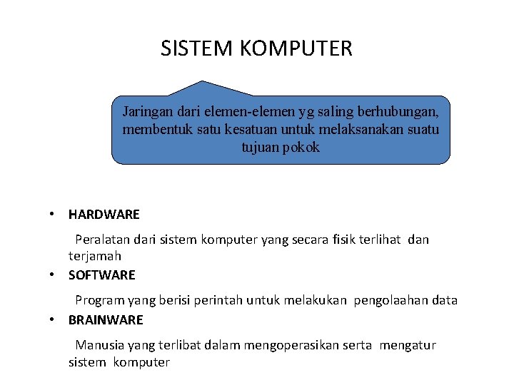 SISTEM KOMPUTER Jaringan dari elemen-elemen yg saling berhubungan, membentuk satu kesatuan untuk melaksanakan suatu