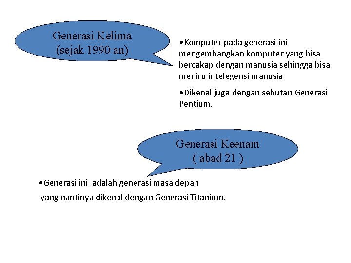 Generasi Kelima (sejak 1990 an) • Komputer pada generasi ini mengembangkan komputer yang bisa