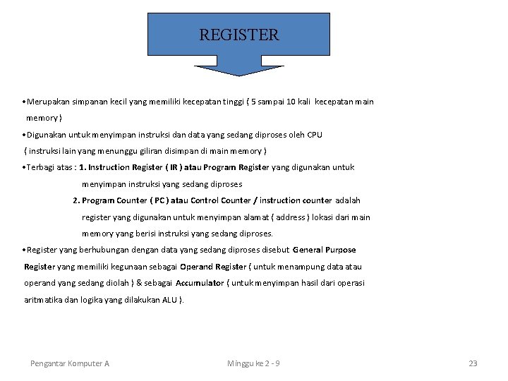 REGISTER • Merupakan simpanan kecil yang memiliki kecepatan tinggi ( 5 sampai 10 kali