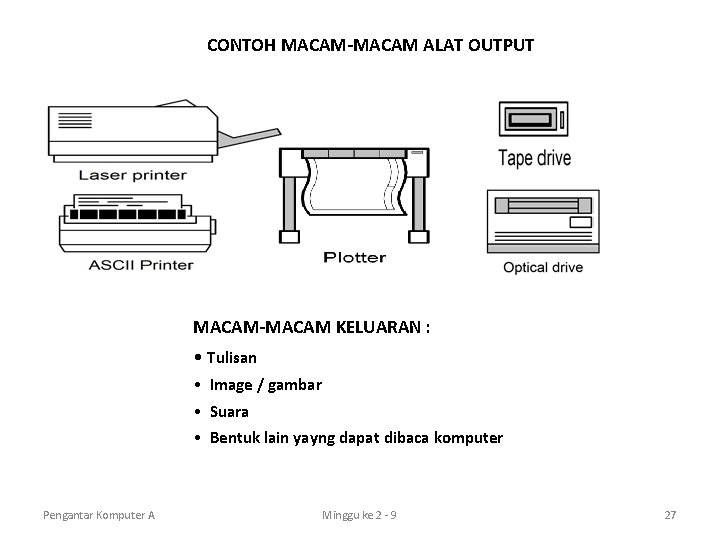 CONTOH MACAM-MACAM ALAT OUTPUT MACAM-MACAM KELUARAN : • Tulisan • Image / gambar •