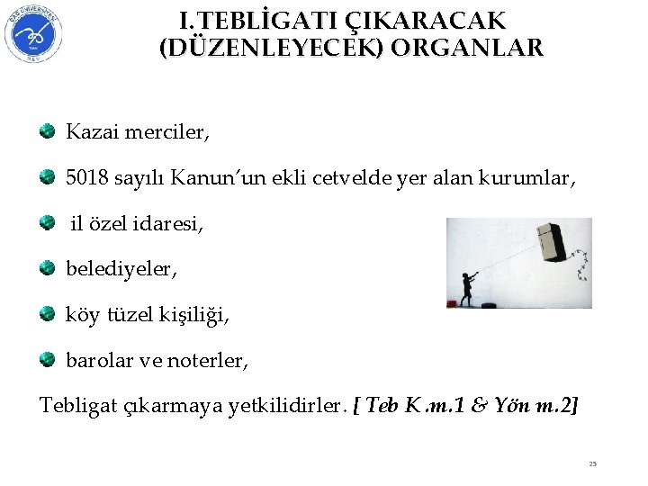 I. TEBLİGATI ÇIKARACAK (DÜZENLEYECEK) ORGANLAR Kazai merciler, 5018 sayılı Kanun’un ekli cetvelde yer alan