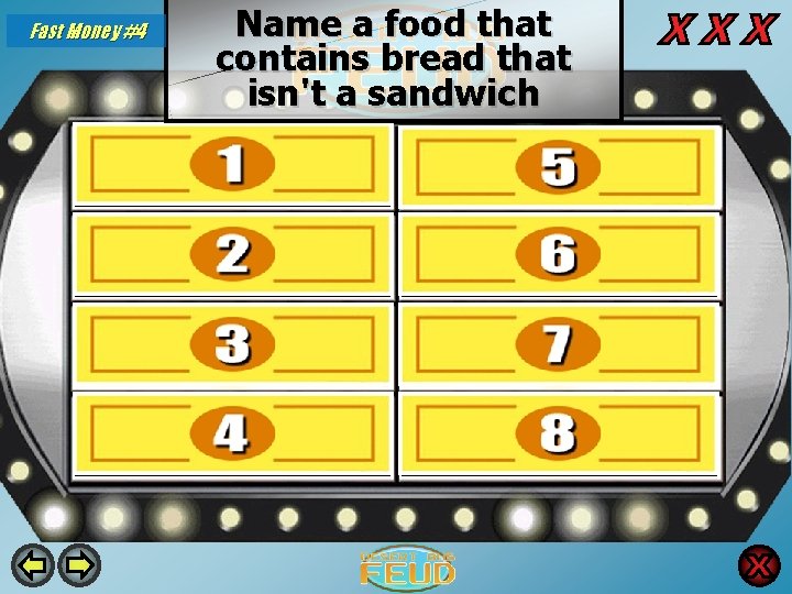 Fast Money #4 Name a food that contains bread that isn't a sandwich Bread