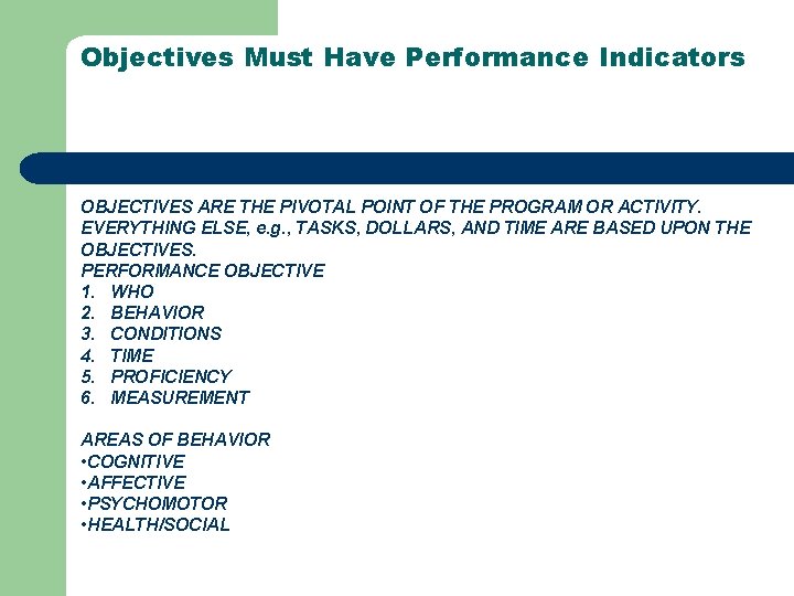 Objectives Must Have Performance Indicators OBJECTIVES ARE THE PIVOTAL POINT OF THE PROGRAM OR