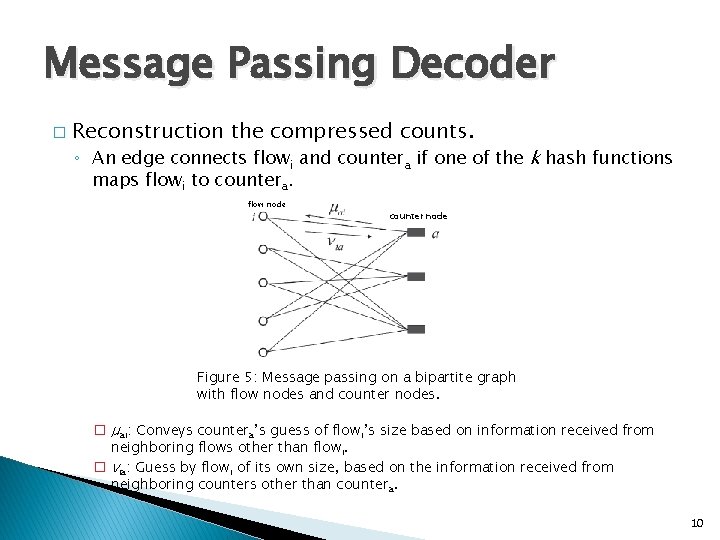 Message Passing Decoder � Reconstruction the compressed counts. ◦ An edge connects flowi and