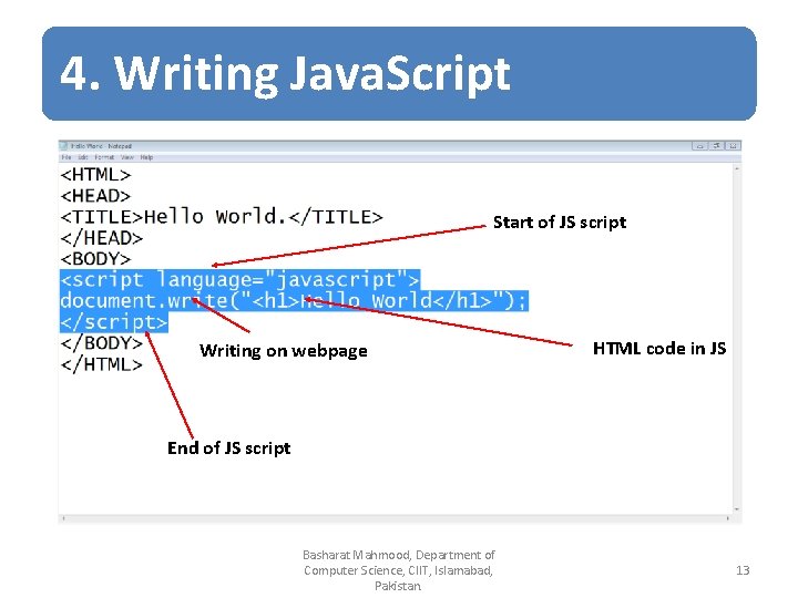 4. Writing Java. Script Start of JS script Writing on webpage HTML code in