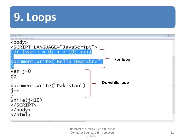 9. Loops For loop Do-while loop Basharat Mahmood, Department of Computer Science, CIIT, Islamabad,