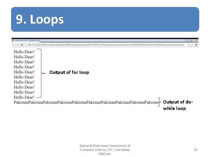 9. Loops Output of for loop Output of dowhile loop Basharat Mahmood, Department of