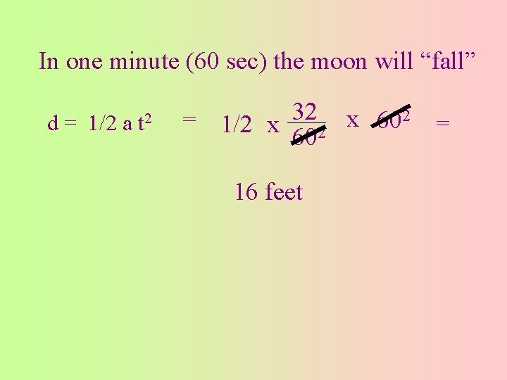 In one minute (60 sec) the moon will “fall” d = 1/2 a t