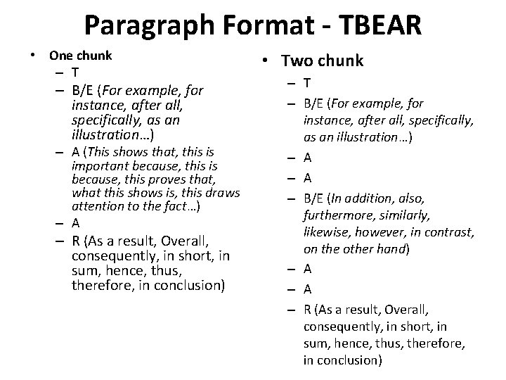 Paragraph Format - TBEAR • One chunk – T – B/E (For example, for