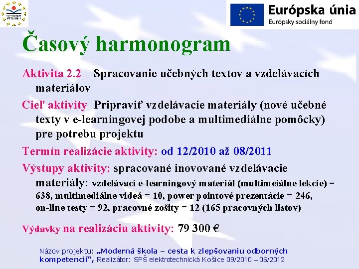 Časový harmonogram Aktivita 2. 2 Spracovanie učebných textov a vzdelávacích materiálov Cieľ aktivity Pripraviť