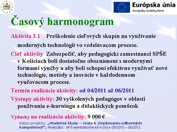 Časový harmonogram Aktivita 3. 1 Preškolenie cieľových skupín na využívanie moderných technológií vo vzdelávacom