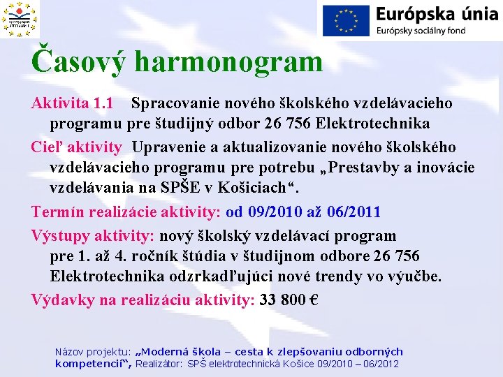 Časový harmonogram Aktivita 1. 1 Spracovanie nového školského vzdelávacieho programu pre študijný odbor 26