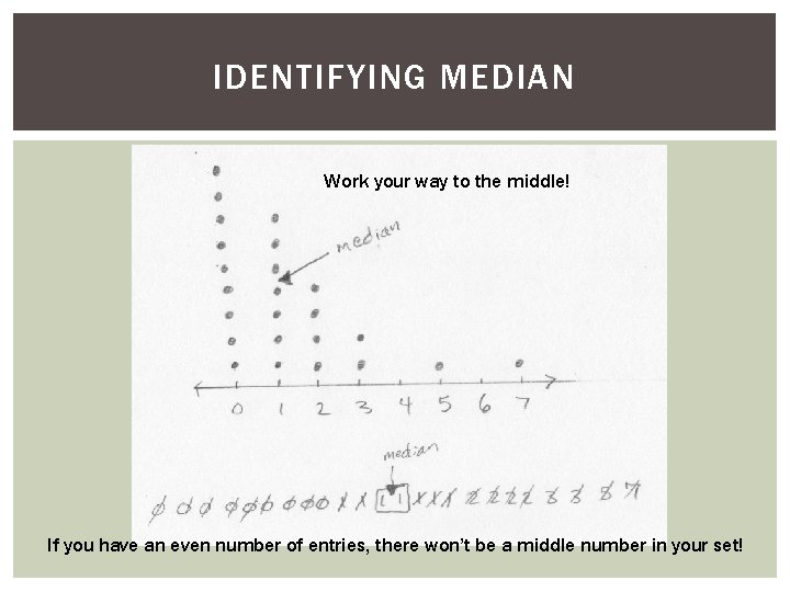 IDENTIFYING MEDIAN Work your way to the middle! If you have an even number