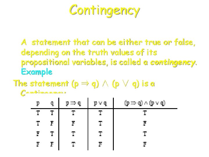 Contingency A statement that can be either true or false, depending on the truth
