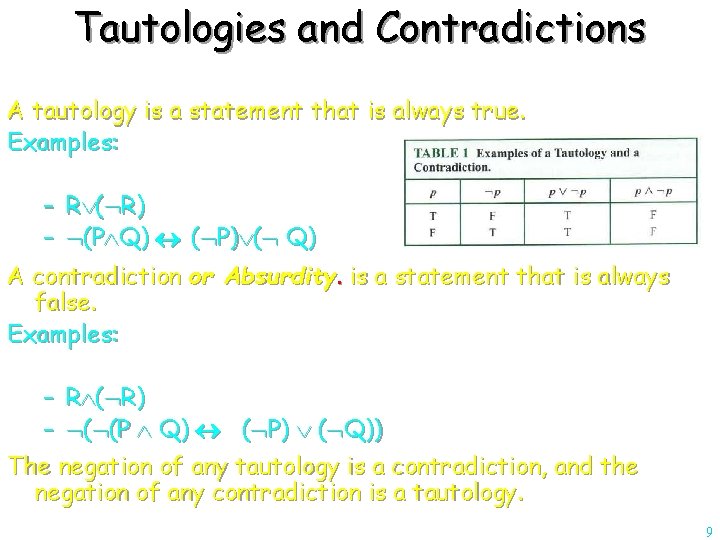 Tautologies and Contradictions A tautology is a statement that is always true. Examples: –