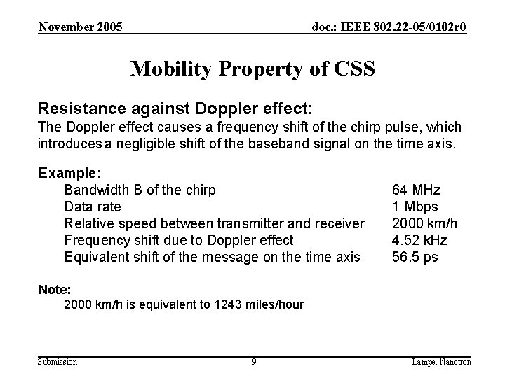 November 2005 doc. : IEEE 802. 22 -05/0102 r 0 Mobility Property of CSS