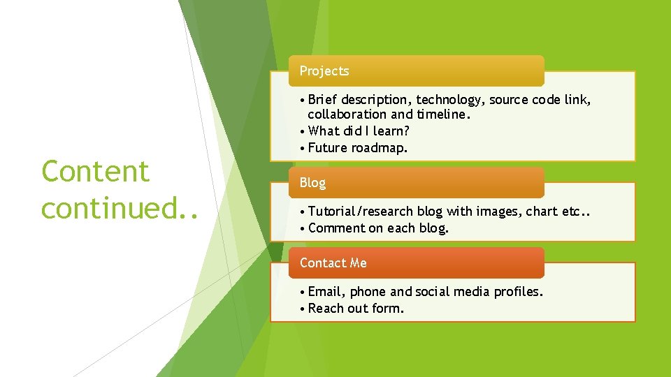 Projects Content continued. . • Brief description, technology, source code link, collaboration and timeline.