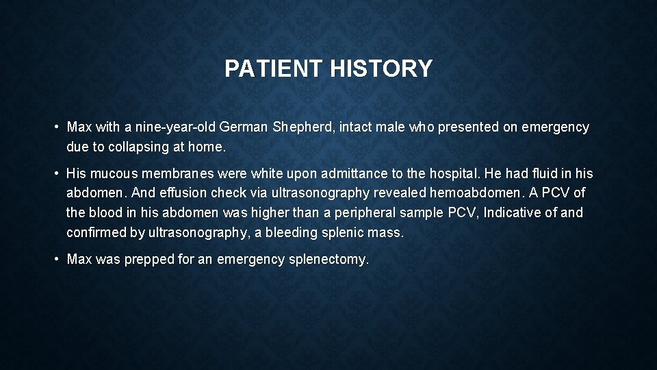PATIENT HISTORY • Max with a nine-year-old German Shepherd, intact male who presented on