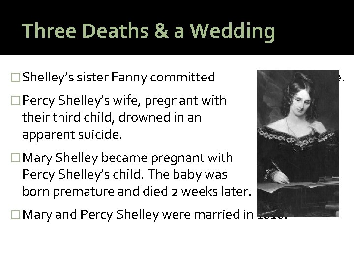Three Deaths & a Wedding � Shelley’s sister Fanny committed � Percy Shelley’s wife,