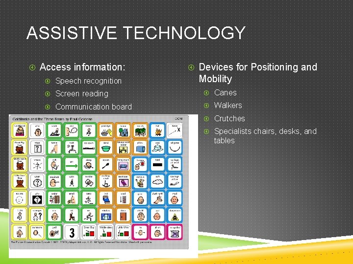 ASSISTIVE TECHNOLOGY Access information: Speech recognition Devices for Positioning and Mobility Screen reading Canes