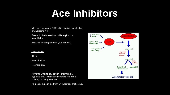 Ace Inhibitors • Mechanism-blocks ACE which inhibits production of angiotensin II • Prevents the