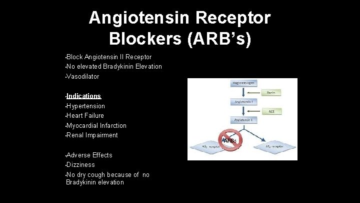 Angiotensin Receptor Blockers (ARB’s) • Block • No Angiotensin II Receptor elevated Bradykinin Elevation