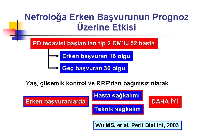 Nefroloğa Erken Başvurunun Prognoz Üzerine Etkisi PD tedavisi başlanılan tip 2 DM’lu 52 hasta