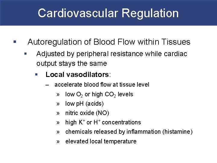 Cardiovascular Regulation § Autoregulation of Blood Flow within Tissues § Adjusted by peripheral resistance