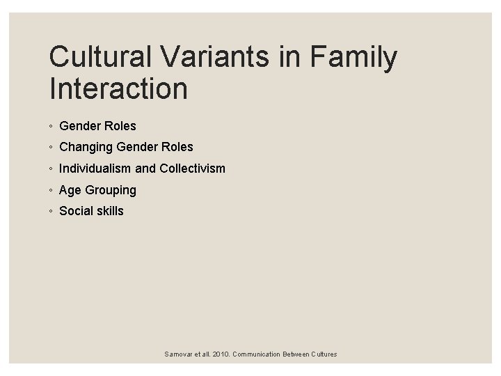Cultural Variants in Family Interaction ◦ Gender Roles ◦ Changing Gender Roles ◦ Individualism