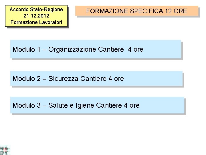 Accordo Stato-Regione 21. 12. 2012 Formazione Lavoratori FORMAZIONE SPECIFICA 12 ORE Modulo 1 –