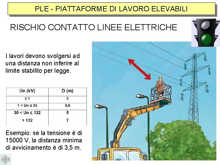 PLE - PIATTAFORME DI LAVORO ELEVABILI RISCHIO CONTATTO LINEE ELETTRICHE I lavori devono svolgersi